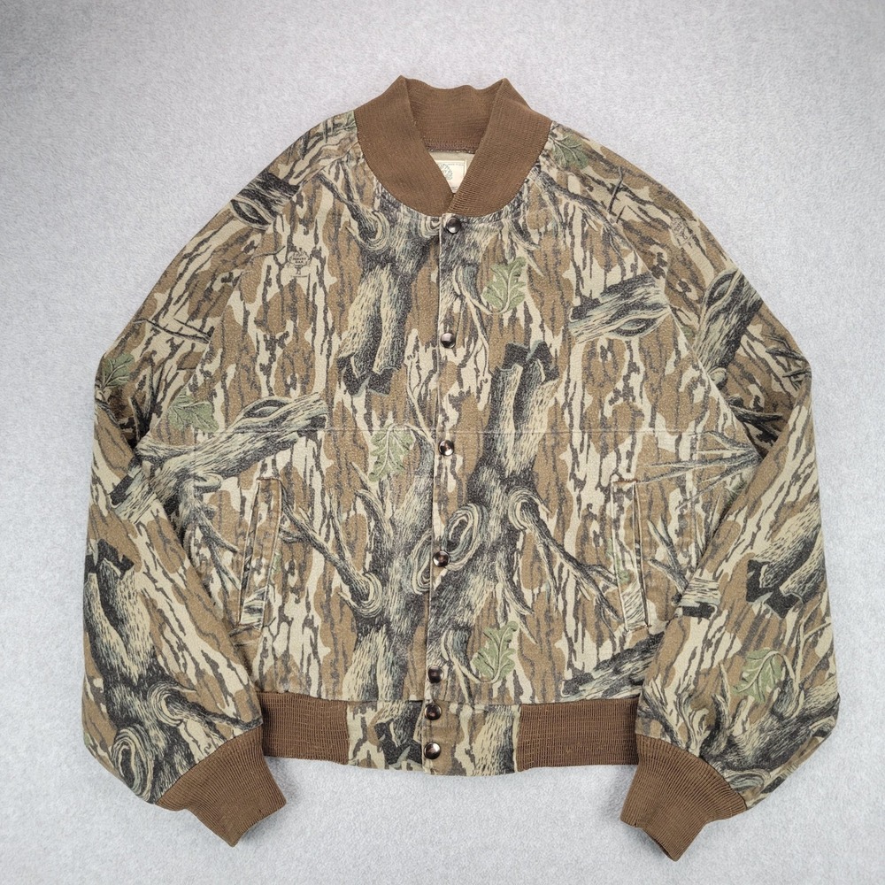 Mossy Oak Bomber Jacket Mens XL Brown Tree Camo Vintage Made in USA Snap Front